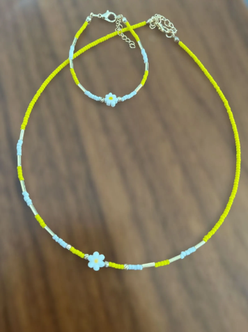 Sarı Çiçek ve Boncuk Kolye-Bileklik Seti