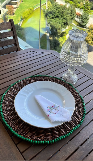 Rattan Supla Yeşil Boncuk Süslemeli El Yapımı Amerikan Servis